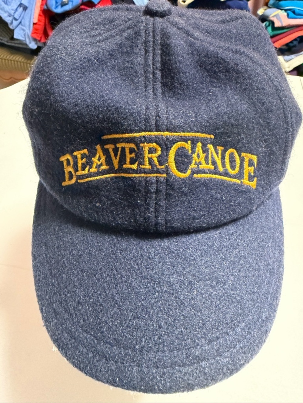 Vintage Beaver Canoe Navy Wool Baseball Cap with Yellow Embroidery
